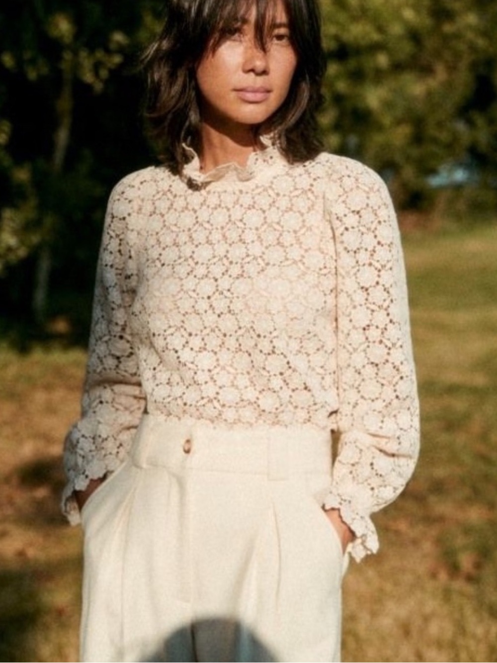 Sezane Ivory Crochet Lace High-Neck Blouse